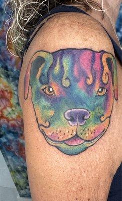 My happy, colorful pit bull tattoo.