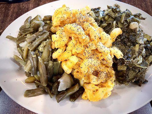 Green beans, Mac and cheese, greens