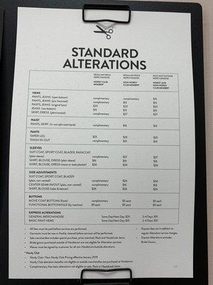 Standard alterations pricing