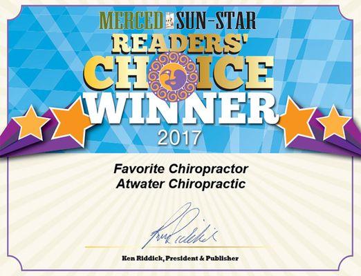 Honored to be chosen as 'Favorite Chiropractor' for Readers Choice Award 2017