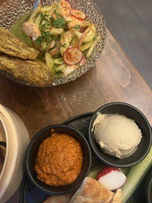 Shrimp ceviche and part of the mezze platter