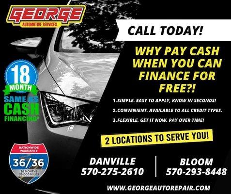 We offer financing for those unexpected vehicle repairs.