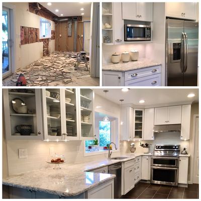 Kitchen Remodel in Olney, Maryland.  Scope: new tile floor, cabinets, lighting, countertops and subway backsplash.