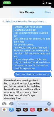 Text exchange with Dr Henderson. I was expecting him to show up after speaking to him.  This was a bait and switch and I felt dismissed.