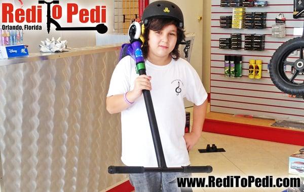 This kid from North Carolina got his brand new Lucky Pro Scooter here in Orlando, Florida at Redi To Pedi.