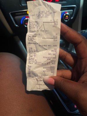 The receipt with no charge break down