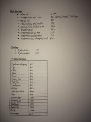 Menu of hair and waxing services