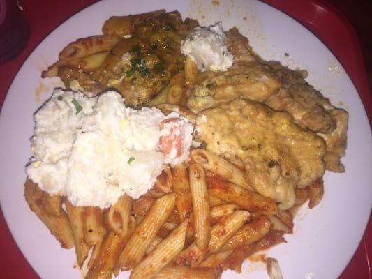 Pasta with lemon chicken and pork chops and potato salad. Rock solid for $7.50