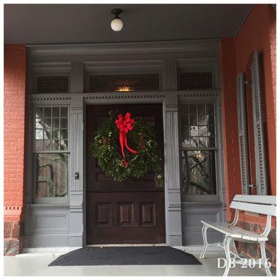 The front door dressed up for Christmas