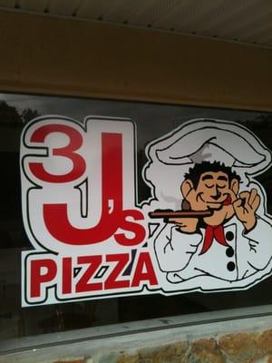 Window signage for 3 J's Pizza