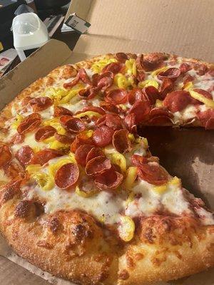 Old world pepperoni and banana peppers..