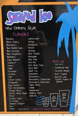 Shaved Ice Menu 2018