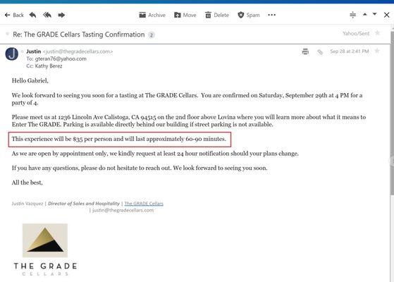 Confirmation email saying $35 tasting fee.