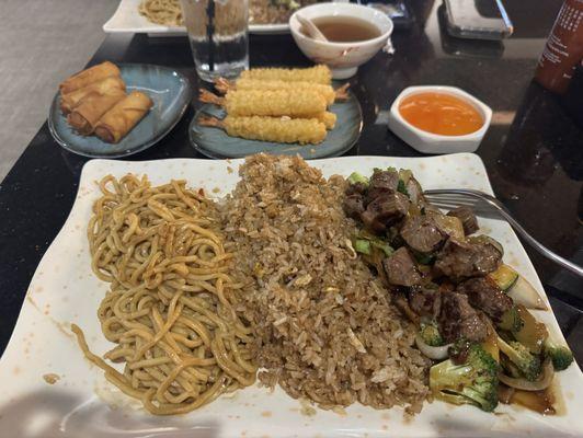 Hibachi Steak, tempura shrimp appetizer, and spring rolls! Delish!