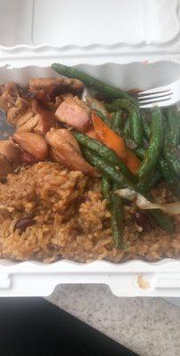 Bourbon chicken , string beans, rice and beans