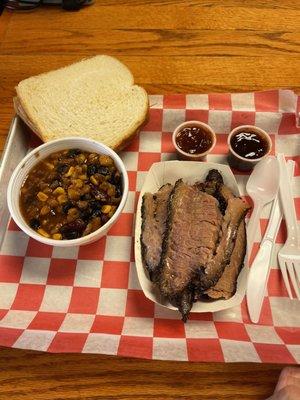 Brisket meal with baked beans. Don't let the picture deceive you. There was a lot of meat in the tub.