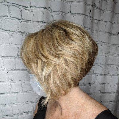 Stacked bob razor cut, base color and highlights