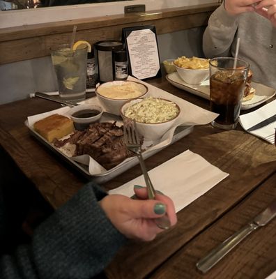 Brisket, mashed, coleslaw and Mac n cheese