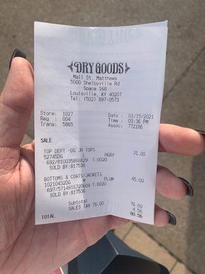 Receipt with time and date I was in store along with associate ID number