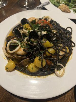 Squid ink spaghetti with seafood