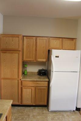 Refrigerator with freezer included, lots of storage room for groceries to cook a full meal for short term or long term stays.