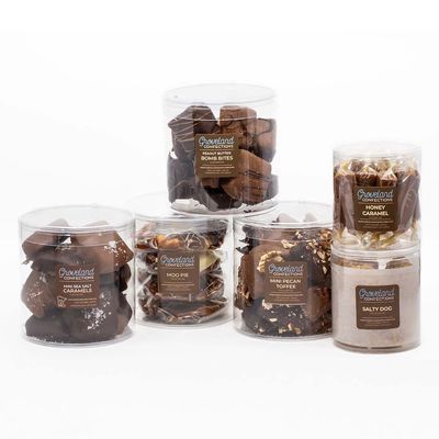 Our Classic Yummy Things collection.  Caramels, Toffee, Turtles, Peanut Butter Bites and more