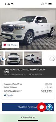 Screenshot of the truck that the dealership said they couldn't reduce price for me, $1,000 cheaper the very next day.