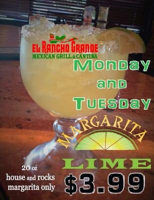 Lets start off the week with Margarita Madness 20oz house margarita on the rocks $3.99...       All day Monday and Tuesday's....