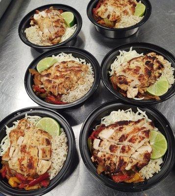 Meal Prep: Fajita Spiced Grilled Chicken over Cilantro Rice with Sauteed Peppers and Onions (not pictured: Flour Tortillas)