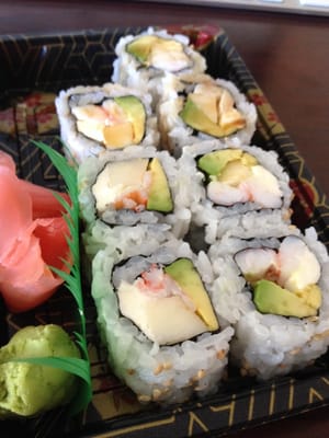 Hamden roll with shrimp, apple, Brie, and avocado.