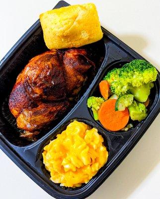 Limited Time flavor Nashville Hot half rotisserie chicken with mac & cheese, steamed veggies and cornbread.