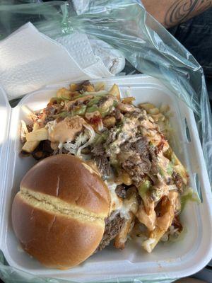 Mexi burger with carne asada fries