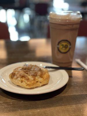 Scone Cinnamon Struessel and large Iced Mocha with oat milk and light ice