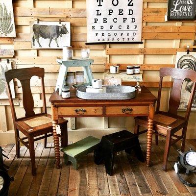 T back oak chairs paired with a lovely Farm table.