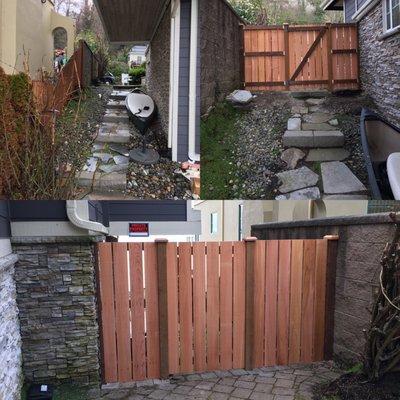 Before and after of a wide gate and stone walkway in Alki