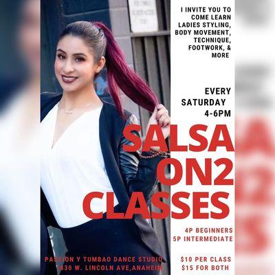 Salsa on2 class for beginners and intermediate on Saturday's 4-6pm