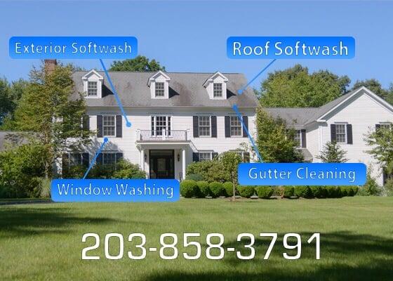 Our services include: Roof Softwash, Exterior Softwash, Window Cleaning, Gutter Cleaning