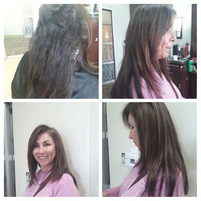 Dark Hair, Applied Redkin Expresso with Carmal Highlights, Deep Conditioning and Long Layer Haircut , Blowdry