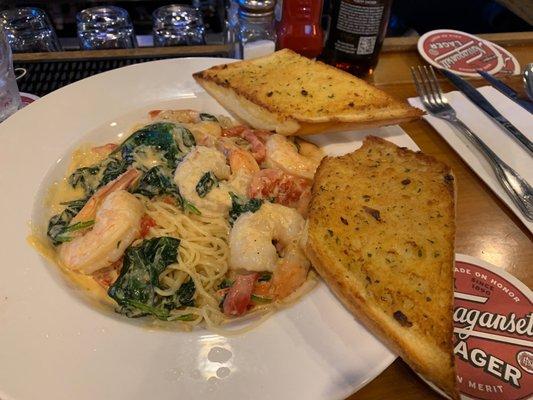 Shrimp with angles hair and garlic toast!