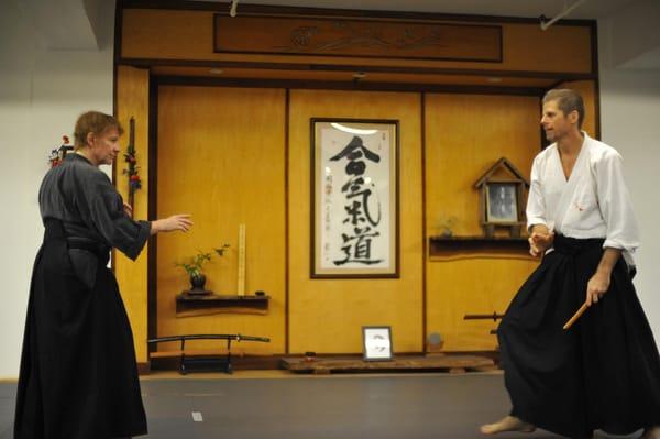 Unarmed students (or in this case Sensei) train to defend against and disarm those armed with knives or clubs.