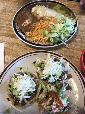 Sopes and an enchilada style burrito.