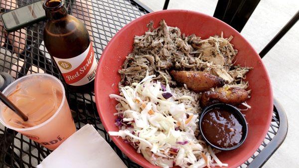 One Love Special - pork, chicken, and slaw atop red beans and rice