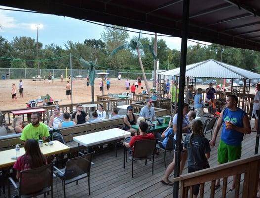 Hanging out on the deck at Volleyball Beach in Kansas City