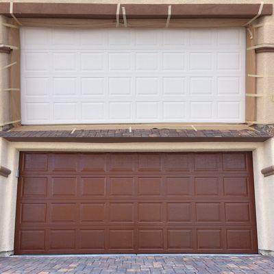 Garage door paint, in new residential development.