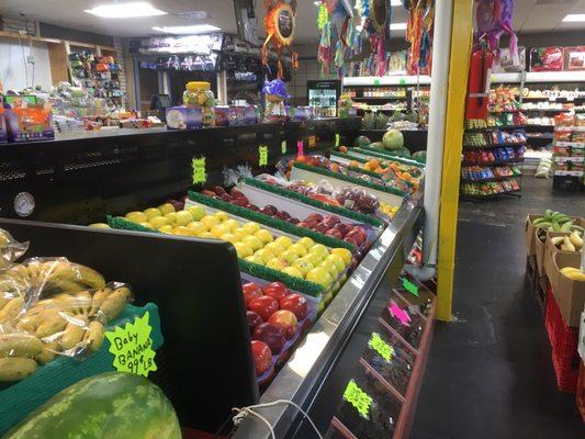 Variety of things such as fresh fruits and veggies, meats, chips, tortillas, candies, all sorts of drinks, etc