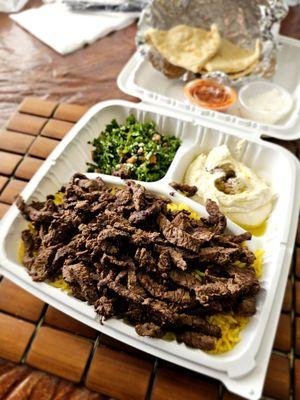 Beef Shawarwa Plate served over rice.