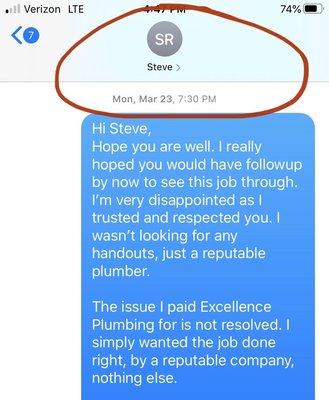 Last communication with Excellence Plumbing