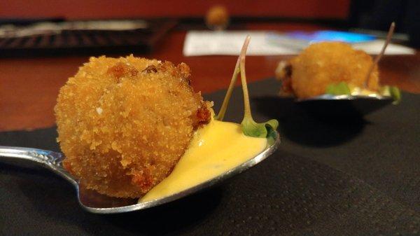 Maine Restaurant Week 2017: wild mushroom and gorgonzola arancini with lemon aioli.