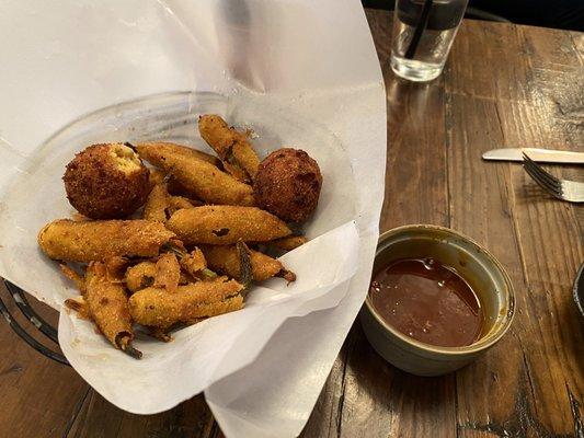 fried okra & hush puppies served with a hot chili sauce