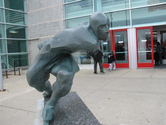 Speed skater statue outside entrance